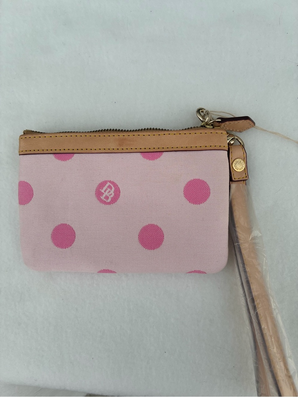 Dooney & Bourke Pink and Tan Polka Dot Zip Pouch Wristlet - Picture 2 of 5